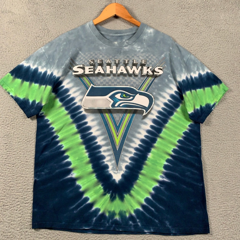 Majestic Seattle Seahawks T-Shirt Mens XL Blue Tie Dye Graphic NFL Fan Tee Logo